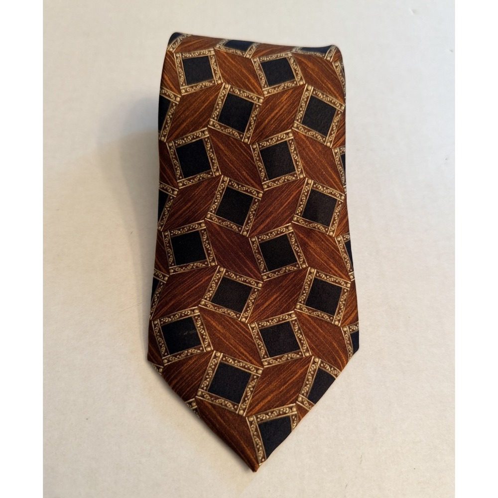 LANVIN Paris Men's 100% Silk Necktie Designer Brown Black Gold Geometric France